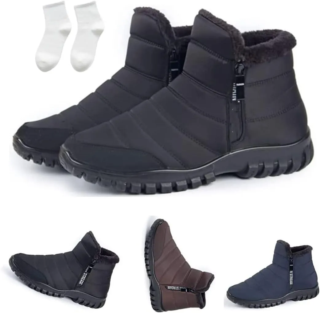 Men's Waterproof Warm Cotton Zipper Snow Ankle Boots, Winter Warm Slip on Thick Plush Booties Waterproof Snow Boots