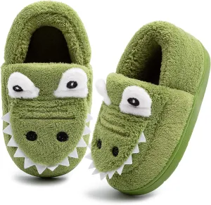 techcity Boys Girls Warm Fleece Slippers Dinosaur House Slippers Cute Animal Fluffy Plush Slip On for Kids Winter Indoor Home Shoes