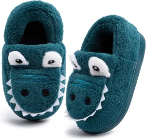 techcity Boys Girls Warm Fleece Slippers Dinosaur House Slippers Cute Animal Fluffy Plush Slip On for Kids Winter Indoor Home Shoes
