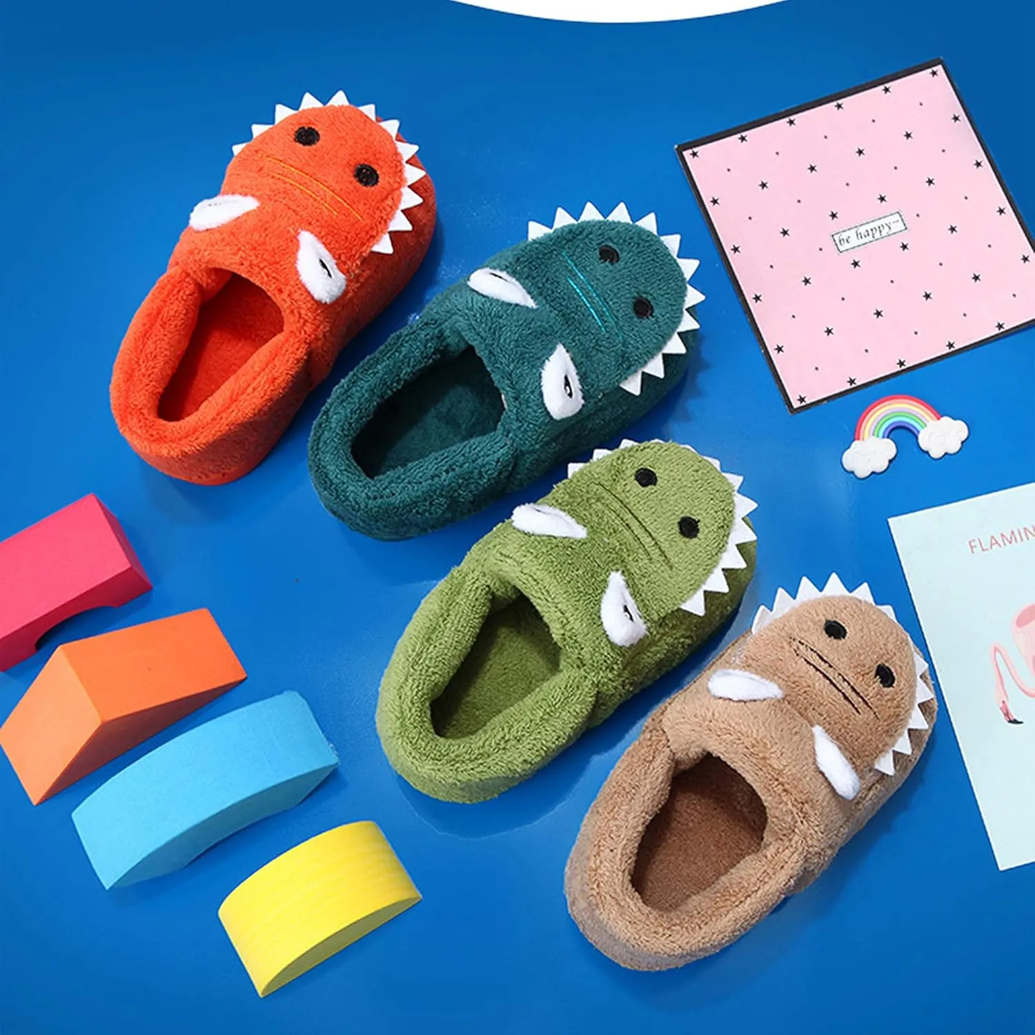techcity Boys Girls Warm Fleece Slippers Dinosaur House Slippers Cute Animal Fluffy Plush Slip On for Kids Winter Indoor Home Shoes